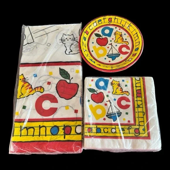 Vintage Gibson Paper‎ Plates Napkins Table Cover ABC's Teacher School USA NEW