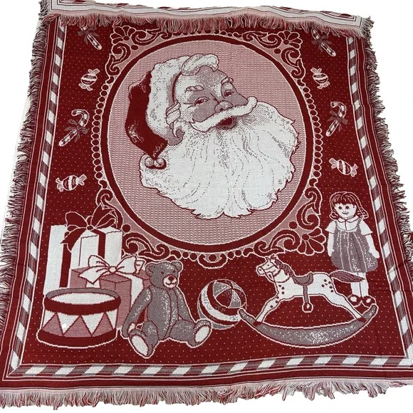 Santa Claus American Weavers‎ Red Tapestry Vintage Throw Blanket Made in USA VTG