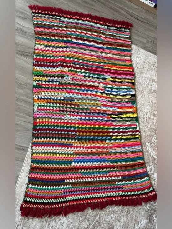Handmade Crochet Blanket Multicolor Striped Throw Fringe Boho Colorful 40x64