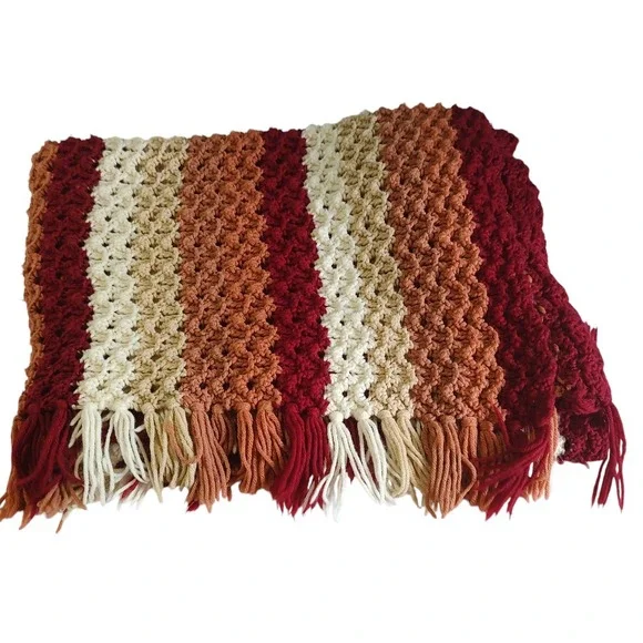 Vintage Crochet Handmade Afghan Throw Blanket  Rust Orange Tan‎ Beige 73x42 In