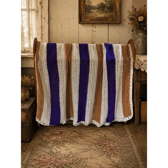 Vintage Hand Crocheted Striped Throw Blanket Purple Taupe Cream  Afghan Cozy