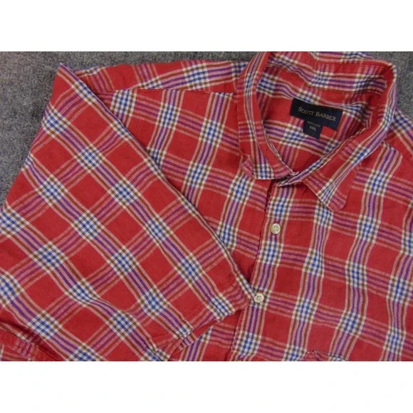 Scott Barber Shirt Mens 2XL Short Sleeve Red Plaid 100% Linen Button Up Summer‎
