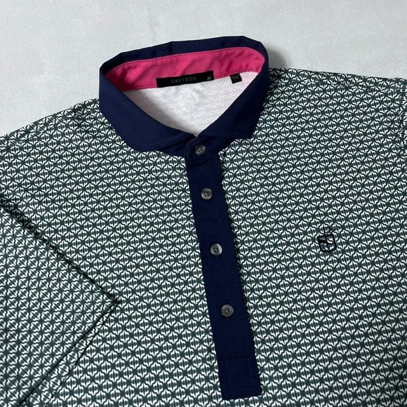 Greyson Polo Shirt Men Medium Green Blue Geometric Print Golf Logo
