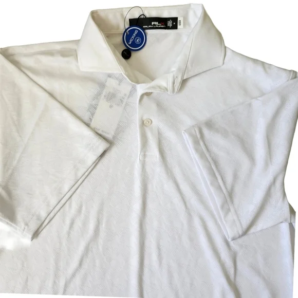 RLX Ralph Lauren Polo Shirt Mens Medium White Boat Print Golf Moisture Wicking