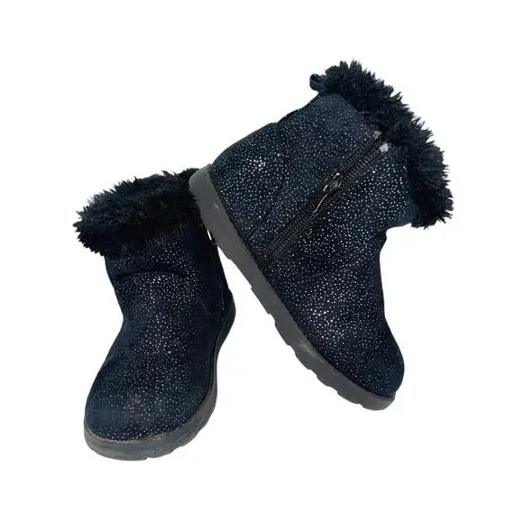 Cat & Jack Little Girls Black Sparkly Sherling Lined Zippered Boots Size 10