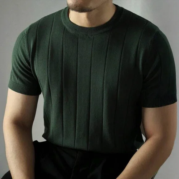 Men's Solid Ribbed Knit Shirt, Dark Green, Large, Good Condition