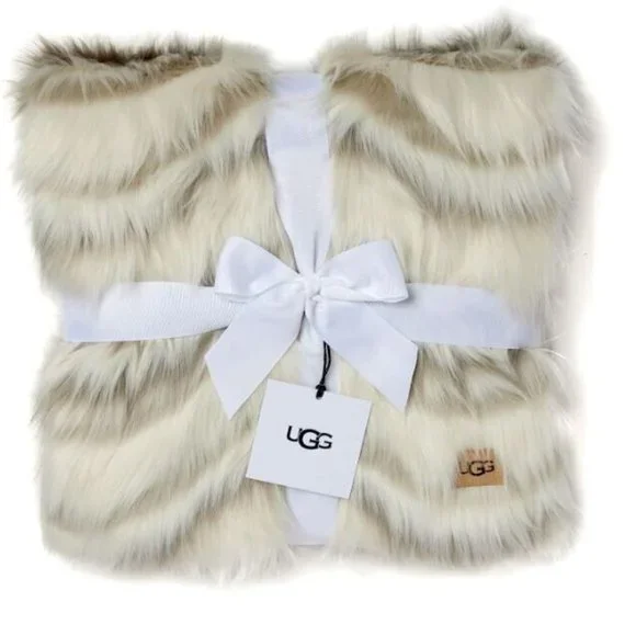 NWT UGG ROSIA FUR OVERSIZED THROW BLANKET‎ TAN GRAY 50 X 70