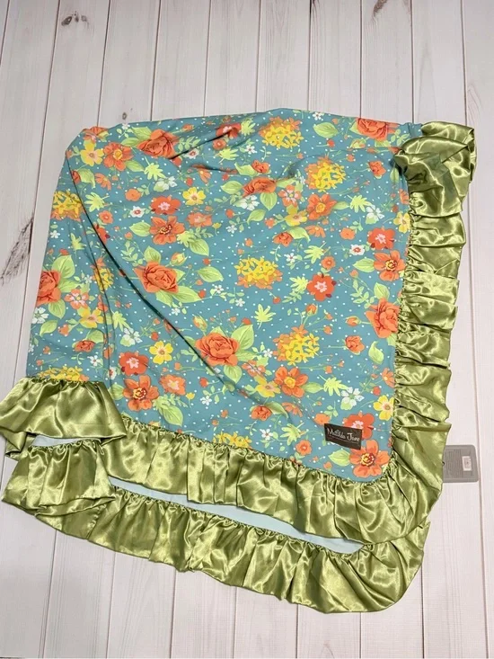 Matilda Jane Blue Floral Throw with Orange Roses and Olive Satin Ruffle