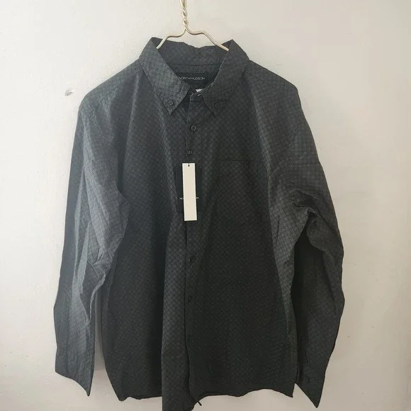 North Hudson Mens Olive Geometric Print Untucked Shirt Long Sleeve Cotton