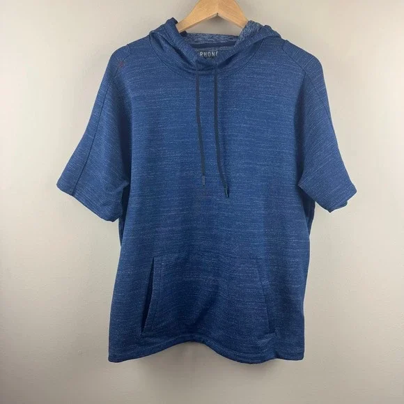 Rhone Mens Short‎ Sleeve Hoodie Blue Space Dye Knit Pullover Pocket Size Large