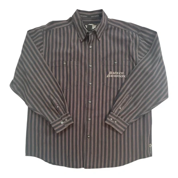 Vintage Harley-Davidson Men's Black and Red Pin‎ Striped Shirt