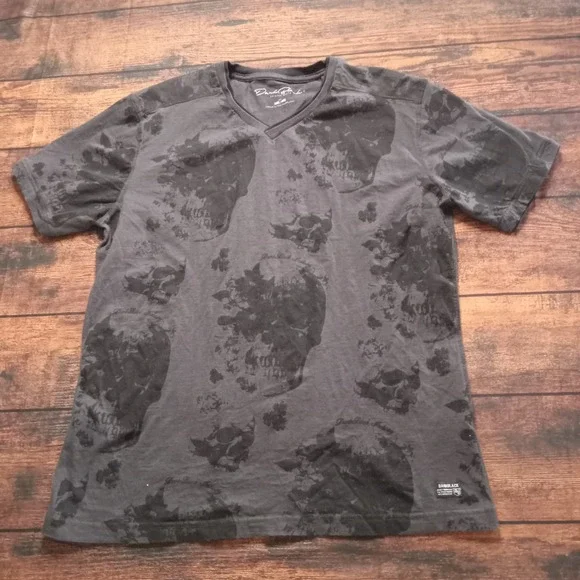 Dark Black Heavy Denim Skull Print Short Sleeve V-Neck‎ Shirt Men's XL Black