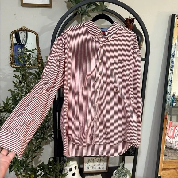 Tommy Hilfiger Red and White Striped Casual Shirt size xl