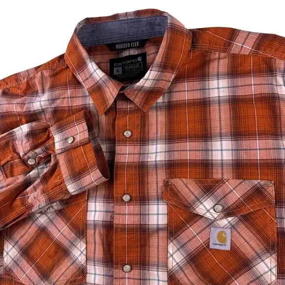 Carhartt Men’s‎ XL Pearl Snap Orange Plaid Relaxed Fit Rugged Flex