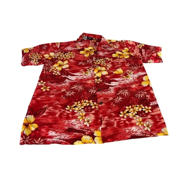 Trading Maui Company Mens Red Tropical Hibiscus Palm Tree Hawaiian Shirt‎ XL Vtg