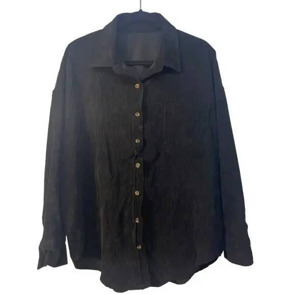 Men's Long Sleeve Low Shoulder Corduroy‎ Button Up Black Shirt Size XL