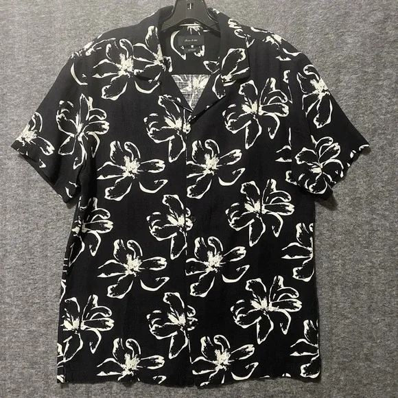 Porter Ash Shirt Linen Blend Men M Black Floral Hawaiian Aloha Beach Resort Camp
