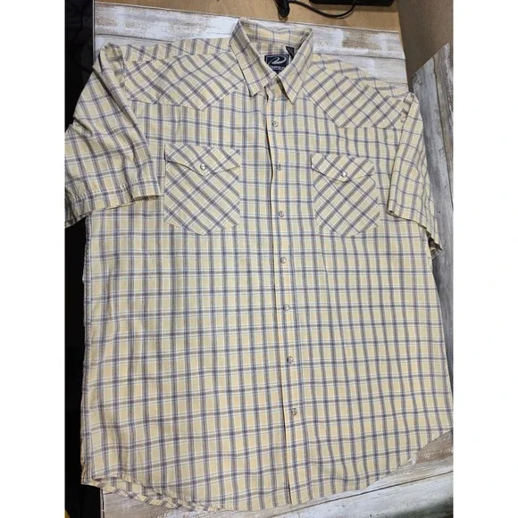 Roper‎ Mens XL Yellow Plaid Short Sleeve Pearl Snap Western Shirt Cotton