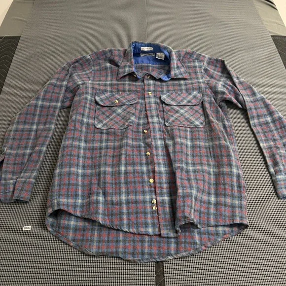 Vintage Sears Roebuck Men Blue Red Plaid Wool Blend Flannel Shirt Medium 0783