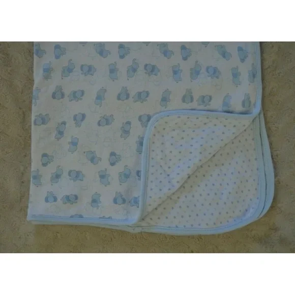 Welcome to the World Blue Elephant Baby Blanket White Stars Reversible Cotton