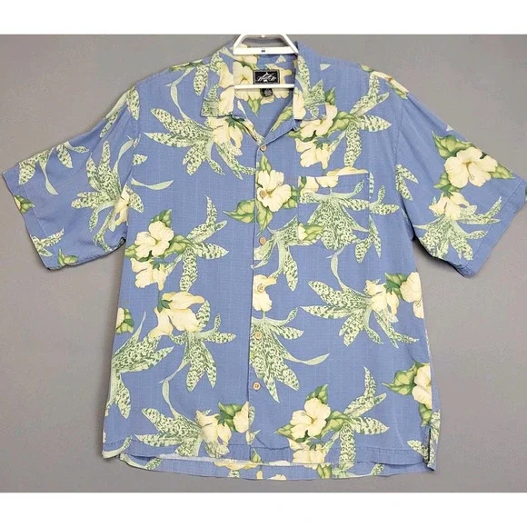 Bermuda Bay 100% Silk Shirt Mens L Blue Hawaiian Buttons Floral Short‎ Sleeve