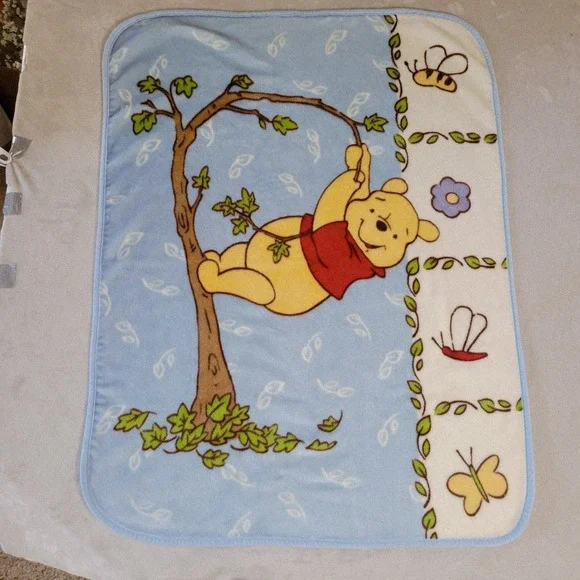 VTG Crown Crafts Winnie The Pooh Blue Plush Blanket Bee Flower‎ Butterfly 42x32