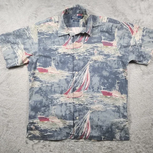 Ralph Lauren Vintage Camp Shirt Mens Medium Blue Loop Sailing Boats Hawaiian AOP