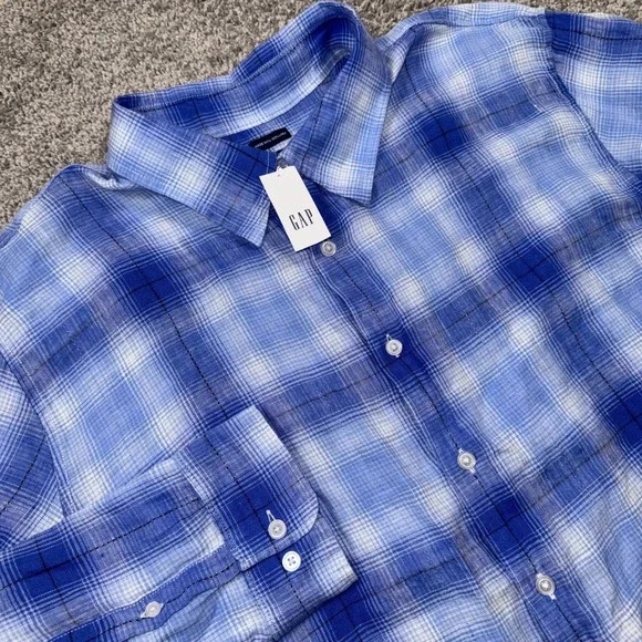 Gap Linen Plaid Button Down Shirt Mens Long Sleeve Blue XXL NEW