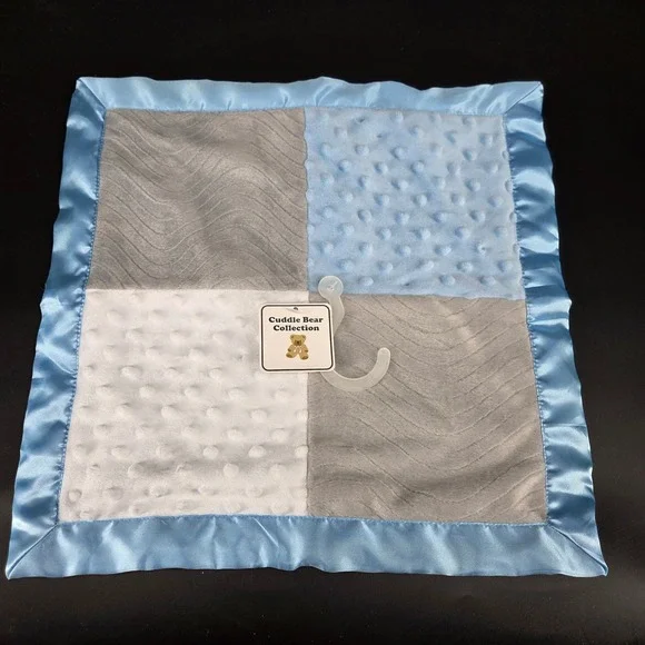 Cuddle Bear Collection Baby Security Blanket Blue Gray White Minky Satin Trim