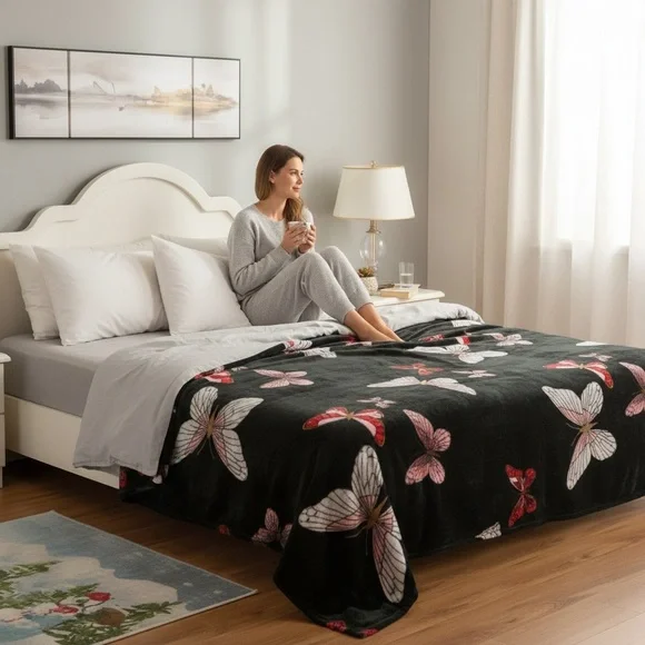 NWT Mariposa Black and Pink Butterfly Throw Queen Size, Flannel, super soft