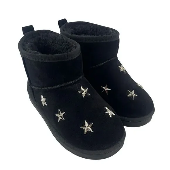 Chulis Girls Black Star Studded Faux Fur Ankle Boots Size 13