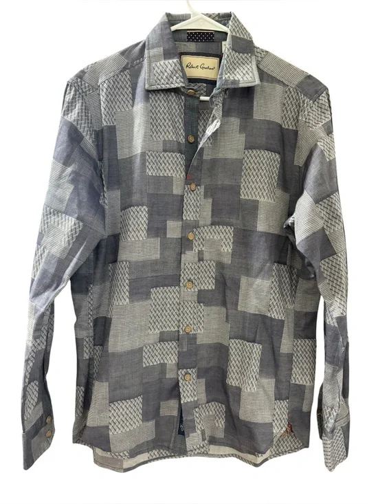 Robert Graham Men's Patchwork-Pattern Gray Button-Down Shirt Size Small