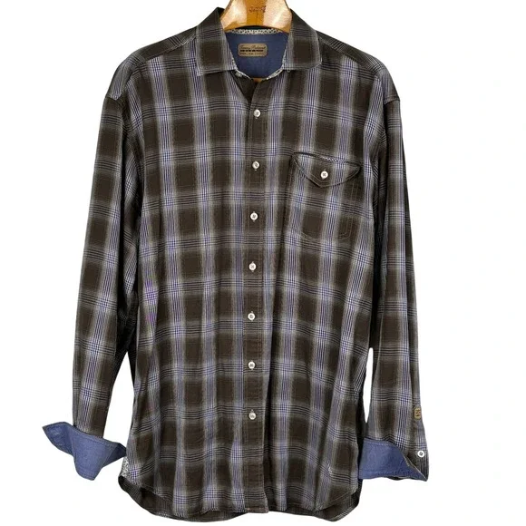 Tommy Bahama Jeans Mens LT Brown Blue Plaid Tencel Cotton Button Down Shirt Tall