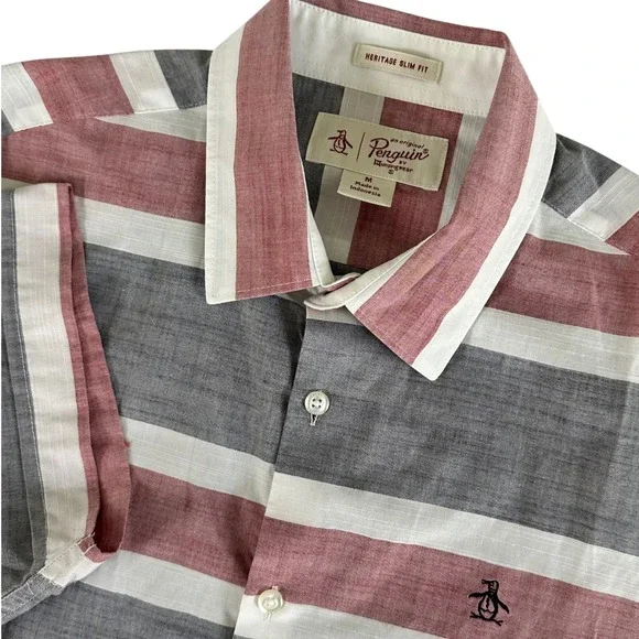 Original Penguin Mens Heritage Slim Fit Medium Short Sleeve Button Down Shirt
