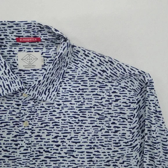 Scotch & Soda Shirt Mens XL White Blue Slim Fit Abstract Print Button Down