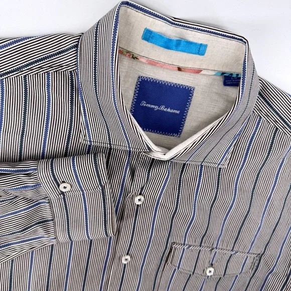 Tommy Bahama Button Down Shirt Large Blue Brown Stripe Cotton Long Sleeve T34463