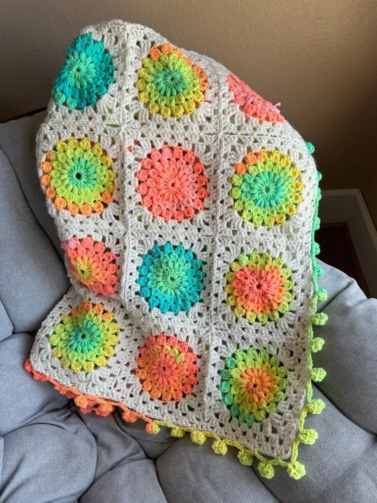 Handmade Crochet sunburst Granny Square Throw - Bright Rainbow Floral!