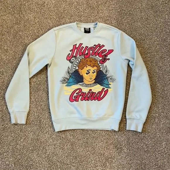 Genuine Authentic Garments Hustle Pullover Sweatshirt Embroidery Graphic Blue Sm