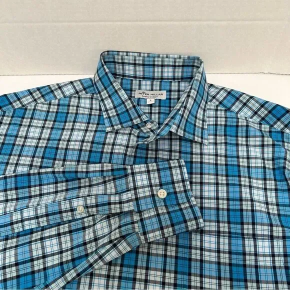 Peter Millar Summer Comfort Polyester Blue‎ Plaid Long Sleeved Size Large
