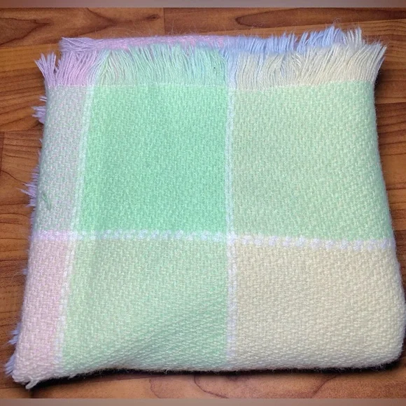 Baby Blanket Three Weavers Pastel Pink Blue Green Squares Acrylic Fringe Vintage