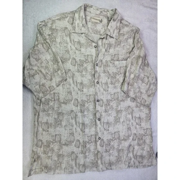 Fieldmaster Rayon Hawaiian Shirt Mens L Beige Tropical Print Button Up Vacation