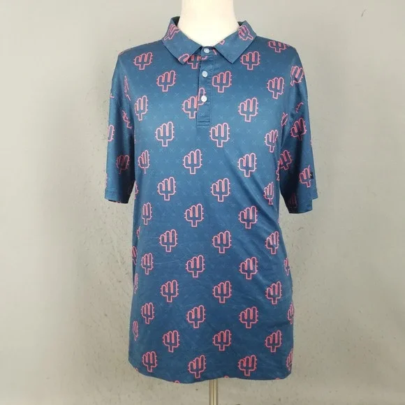 Yatta Golf Polo Shirt Mens 2XL Blue Cactus Print Performance Stretch Golf