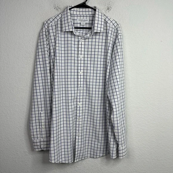 Mizzen+Main Shirt Mens XXL Trim Blue Plaid Grid Button Performance Career Preppy
