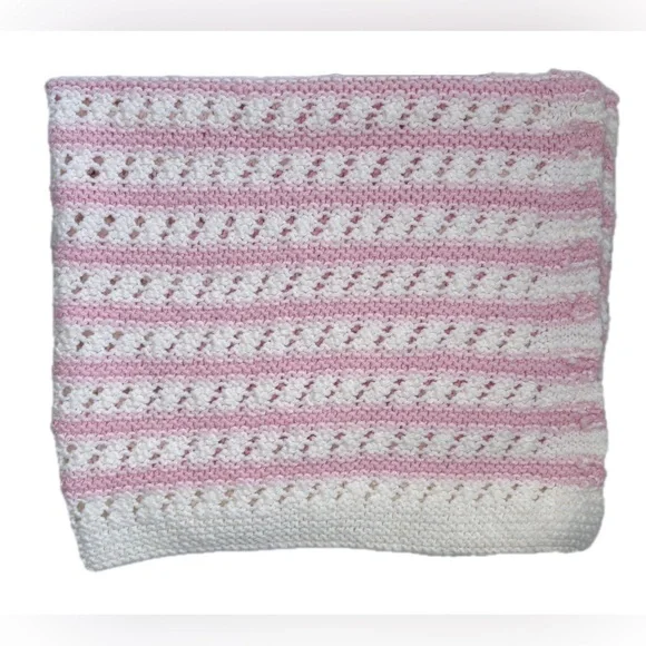 Pink White Crochet Baby Afghan Handmade Cottage Core Barbiecore Nursery