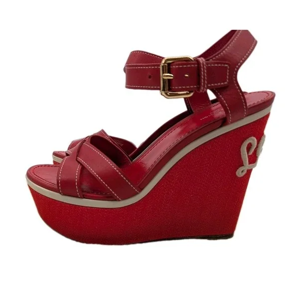 Louis Vuitton Red Waterfall Wedge Cloth & Leather Sandals Size 37.5 EU/7 US