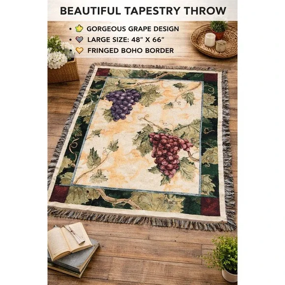 P Brent Grape Tapestry Throw‎ Blanket Fringed Boho Woven Vineyard 48x66 Cotton