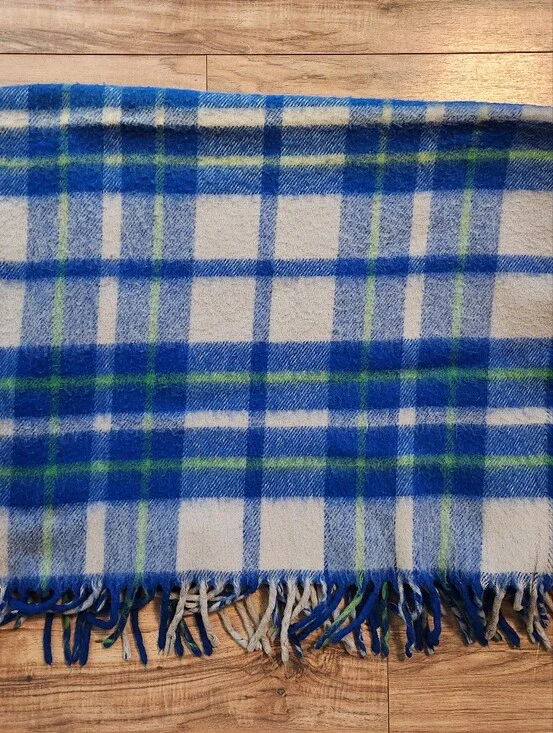 Vintage Faribo Blue Green Plaid Tassel Wool Throw Blanket