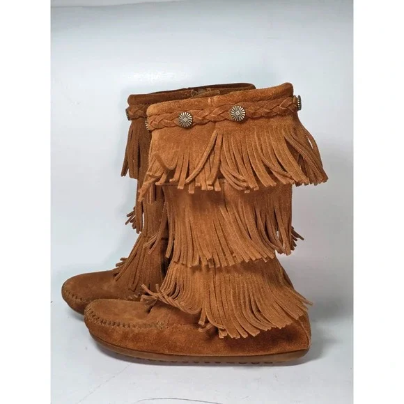 Minnetonka Three Layer Fringe Boots Girls Size 1 Brown Suede Mid Calf Western