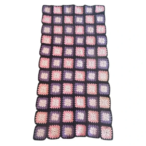 Granny Square Crochet Blanket Pink Purple Black 70s Retro Handmade Cottagecore
