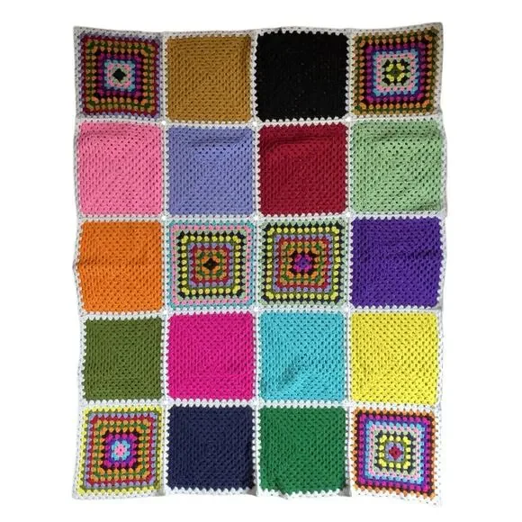 Vtg Crochet Granny Square Roseanne Blanket MultiColored Afghan Throw 66